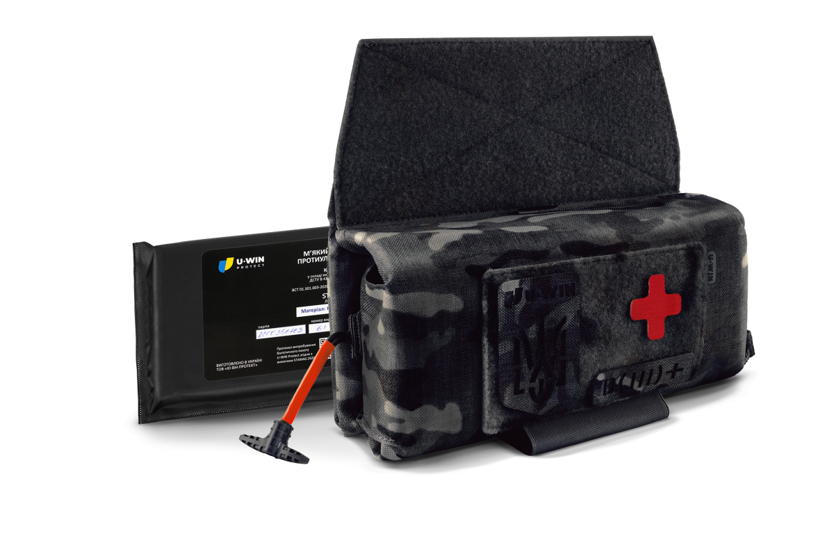 Комплект горизонтальний тунельний аптечний підсумок рол U-WIN PRO Cordura® 1000 MultiCam® Black з балістичним пакетом під захист попереку НВМПЕ Китай / Площа захисту 2,3 дм.кв.