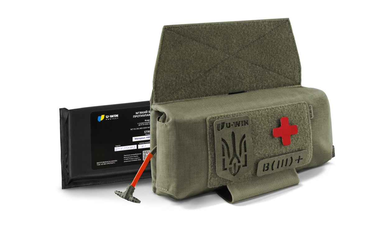 Комплект горизонтальний тунельний аптечний підсумок рол U-WIN PRO Cordura® 500 Ranger Green / Темна Олива з балістичним пакетом під захист попереку НВМПЕ Китай / Площа захисту 2,3 дм.кв.