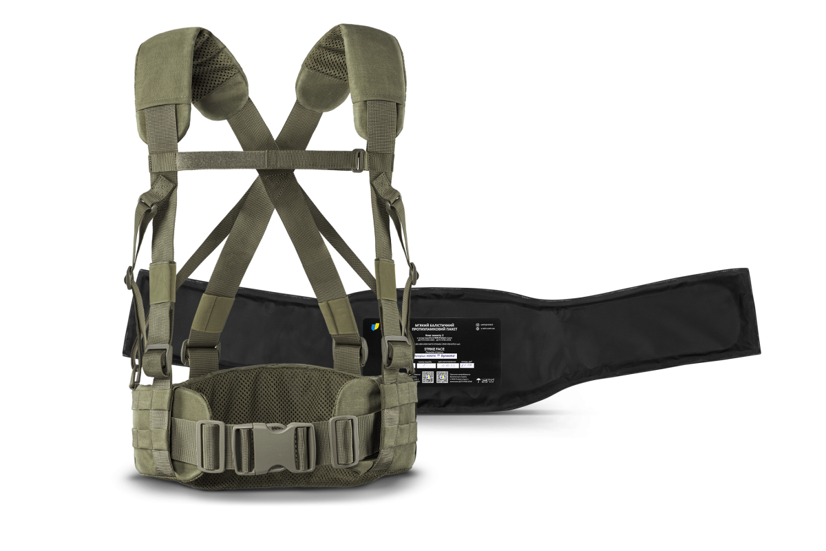 Комплект Ремінно плечова система U-WIN PRO посилена з стандартними лямками Cordura® 500 Ranger Green / Темна Олива розмір 2 з балістичним пакетом НВМПЕ Dyneema USA / Площа захисту 8,6 дм.кв.